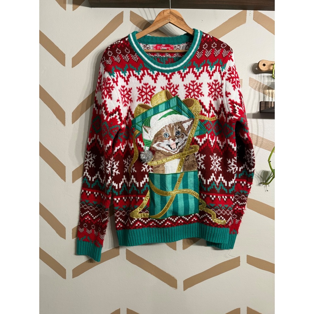 33 Degrees‎ Ugly Christmas Sweater Women Small Red Green 3D Cat Gift Box Pocket